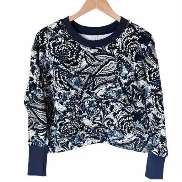 JOIE SWEATSHIRT CROPPED TOP PAISLEY BLUE NAVY TRIM LONG SLEEVES - Picture 3 of 5
